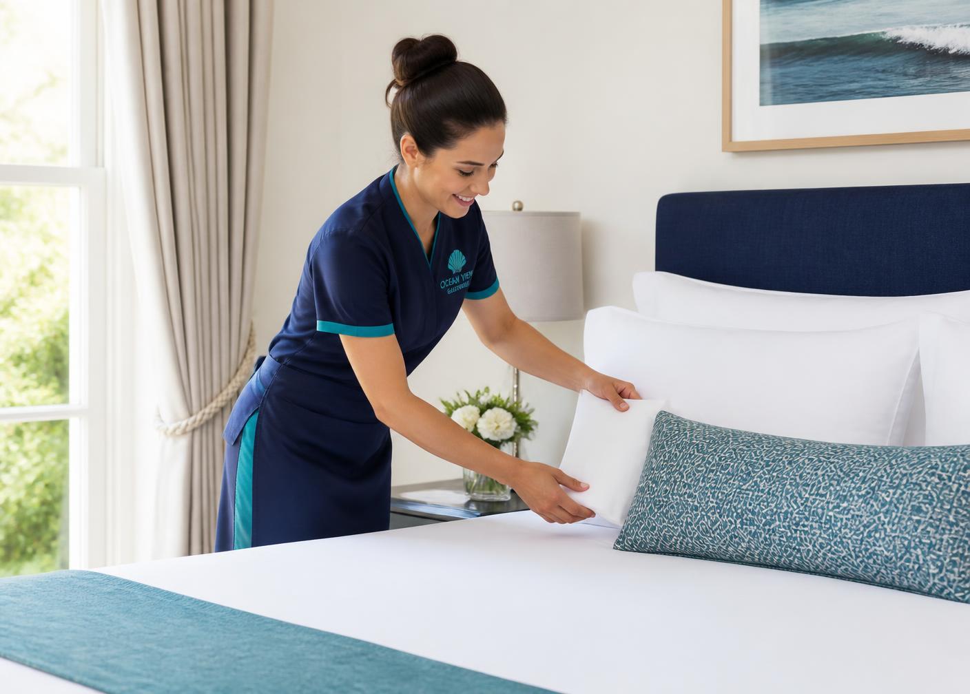Housekeeper preparing a guest bed with fresh white linen in a guesthouse