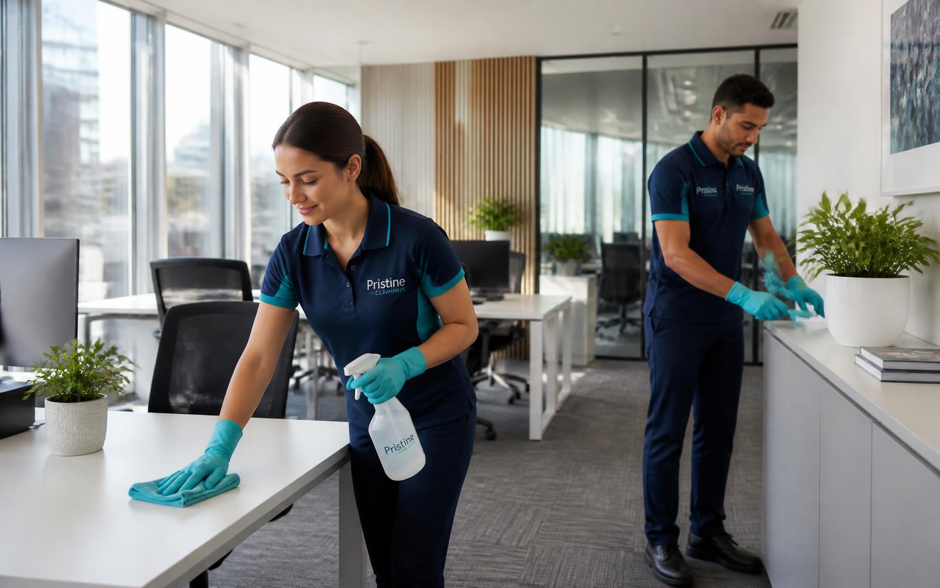 HygienePro cleaning professionals in navy and teal uniforms cleaning a modern office