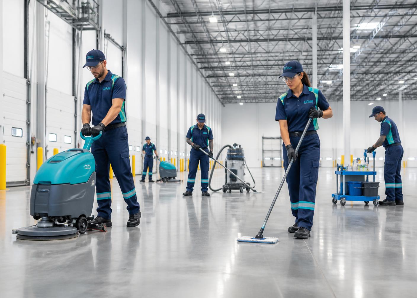 HygienePro industrial cleaning crew maintaining a large warehouse floor